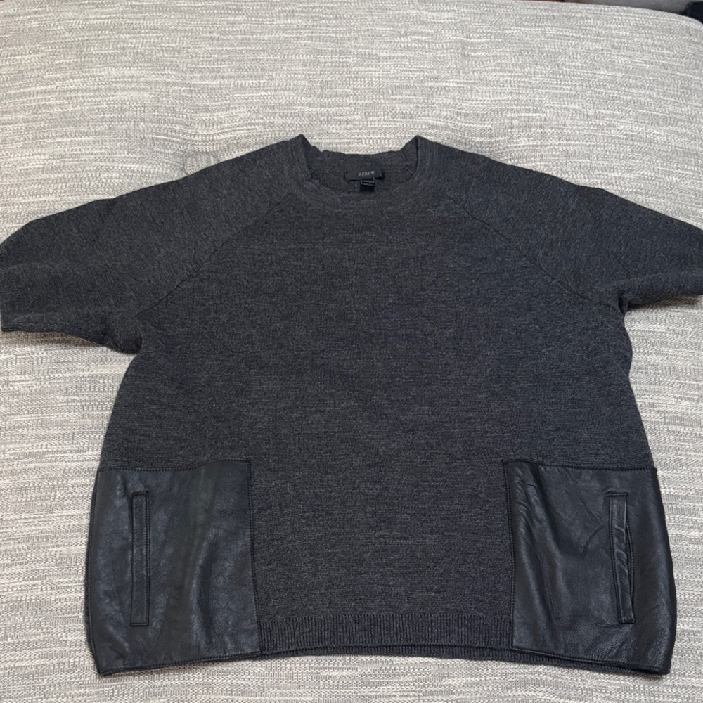 J. Crew Charcoal Crewneck Sweater with Black Leather Accents